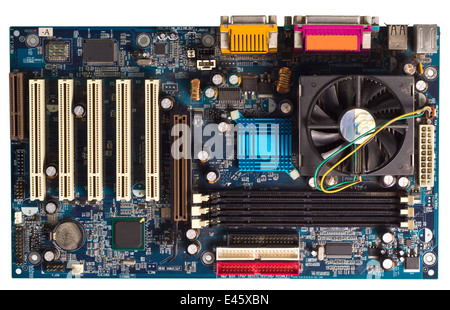 Blue computer mainboard on the top view with isolate background. Stock Photo