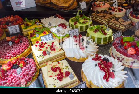 Paris, France, Detail, Shops in the Marais Area, Stores, French Bakery Patisserie Shop, French Cakes, Window Display, Hure, Stock Photo