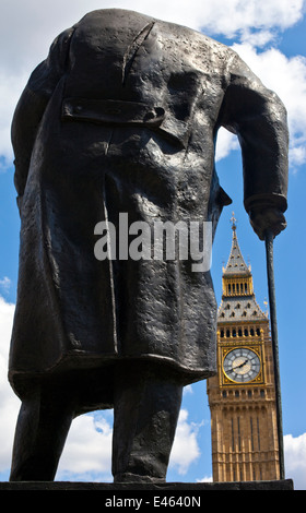 Statue of Sir Winston Churchill facing the Houses of Parliament in London. Stock Photo