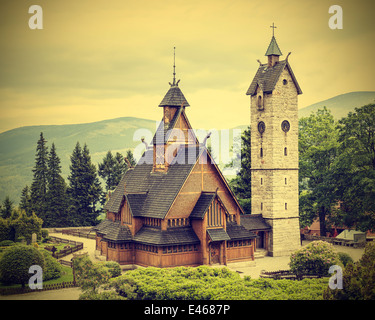 Old, wooden, temple Wang in Karpacz, Poland, vintage style. Stock Photo