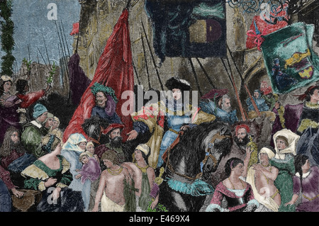 Entry of emperor Charles V (1500-1558) into Antwerp in 1520.Engraving. Color. Stock Photo