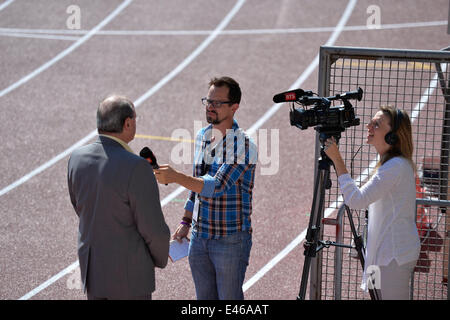 Lausanne Switzerland. 3rd July, 2014. Pre-meeting interviews at Diamond League Lausanne - Athletissima 2014.  Credit:  Ted Byrne/Alamy Live News Stock Photo