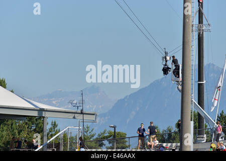 Lausanne Switzerland. 3rd July, 2014. Technical crews make final aerial camera checks the Diamond League Lausanne - Athletissima 2014.  Credit:  Ted Byrne/Alamy Live News Stock Photo