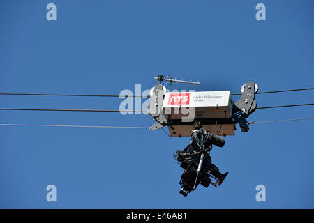 Lausanne Switzerland. 3rd July, 2014. Aerial camera over the 100 meters track at Diamond League Lausanne - Athletissima 2014.  Credit:  Ted Byrne/Alamy Live News Stock Photo