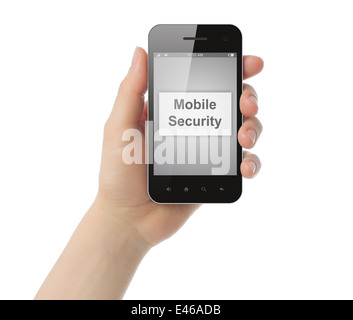 Hand holds smart phone with mobile security button on its screen on white background. Stock Photo