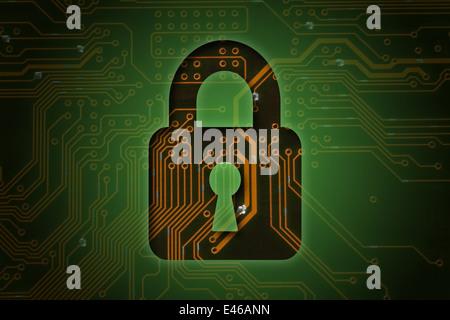 Closed lock on circuit background, security concept Stock Photo