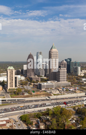 Elevated view over Interstate 85 passing the Atlanta skyline, Atlanta, Georgia, United States of America Stock Photo
