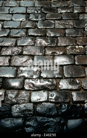 Wet cobblestones on an old pavement Stock Photo