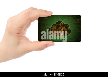 Hand with card and digital cloud, cloud computing concept Stock Photo