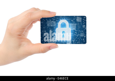 Hand with digital card and closed lock on white background Stock Photo