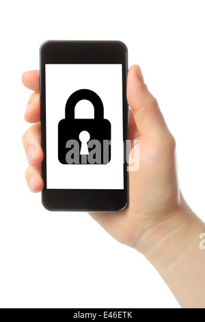 Woman hand holds smart phone with lock on white background, security concept Stock Photo