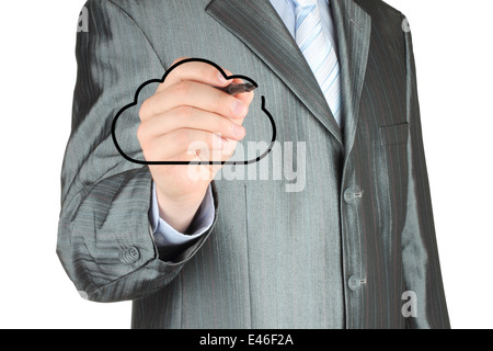 Businessman drawing black cloud on white background, cloud computing concept Stock Photo