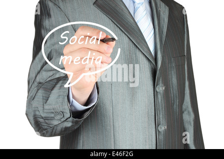 Businessman drawing social media bubble on white background Stock Photo
