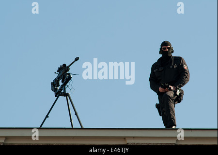 Hannover, Germany, SEC-Scharfschuetze on a house roof Stock Photo