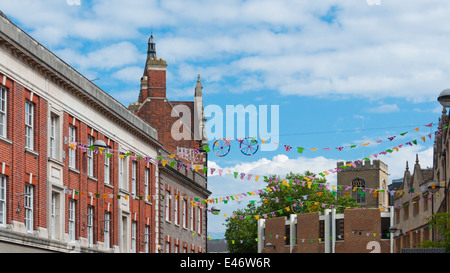 Tour De France Multi Colored summer flags hanging in the sky, Cambridge Stock Photo
