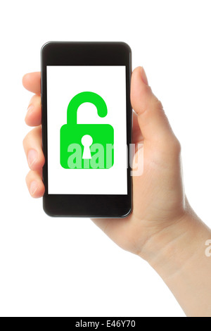 Woman hand holds smart phone with lock on white background, security concept Stock Photo