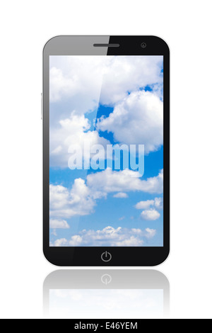 Smart phone with blue sky on white background Stock Photo