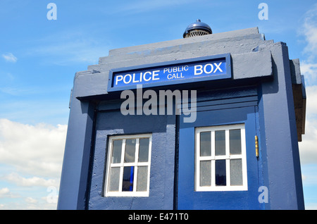 Chatham, Kent, England, UK. Chatham Historic Dockyard - Police Public Call Box ('Tardis') outside the police museum Stock Photo