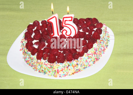 Burning birthday candles number 15 on raspberry cake Stock Photo