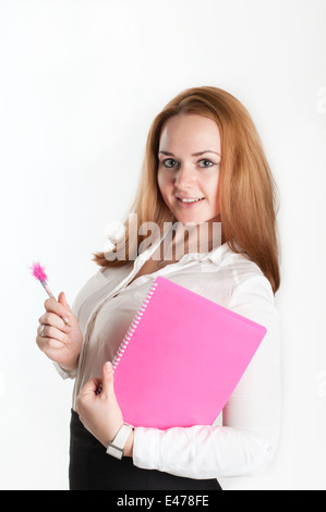 pink woman girl businesswoman teacher folder bookkeeper accountant student education attractive business office positive smiling Stock Photo