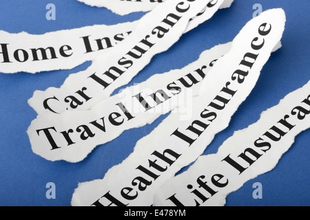 concept Insurance Policy, Life; Health, car, travel, home with blue background Stock Photo