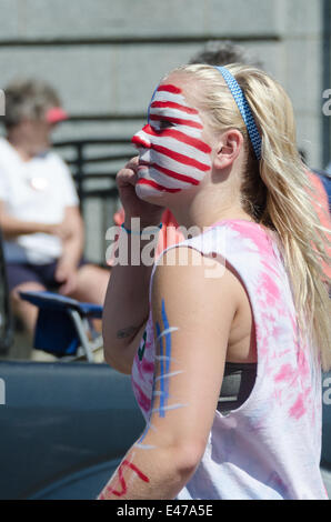 Young teenager wearing american flag leggings and spreading joy