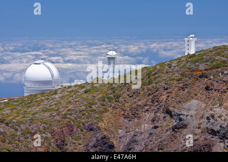 Big telescopes above the clouds at the highest peak of La Palma, Canary Islands Stock Photo