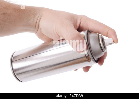 human hand holding a aerosol can isolated on white Stock Photo - Alamy