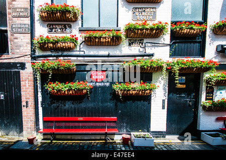 Hanging baskets and red benches outside the Duke of York pub, Belfast Stock Photo