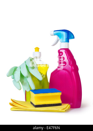 dish washing detergent, sponge, gloves and cloth over white background Stock Photo