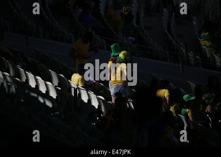 Fortaleza, Brazil. 4th July, 2014. Brazil's fans wait for a quarter-finals match between Brazil and Colombia of 2014 FIFA World Cup at the Estadio Castelao Stadium in Fortaleza, Brazil, on July 4, 2014. Credit:  Liao Yujie/Xinhua/Alamy Live News Stock Photo
