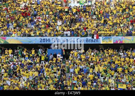 Fortaleza, Brazil. 4th July, 2014. Brazil's fans watch a quarter-finals match between Brazil and Colombia of 2014 FIFA World Cup at the Estadio Castelao Stadium in Fortaleza, Brazil, on July 4, 2014. Credit:  Zhou Lei/Xinhua/Alamy Live News Stock Photo