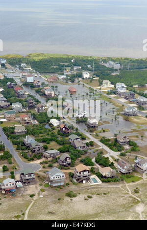 Aerial view of flooding caused by Hurricane Arthur on the Outer Banks July 4, 2014 in Nags Head, North Carolina. Arthur was the earliest hurricane to ever hit the outer banks. Stock Photo