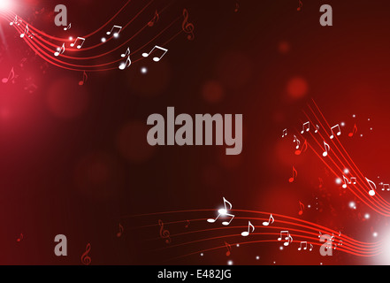 music notes and blurry lights on dark red background Stock Photo