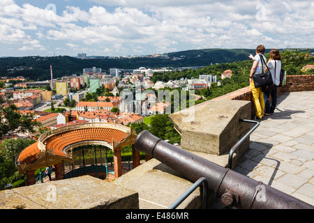 Tourists at the terrace of Spilberk castle. looking at an overview of Brno, Czech Republic Stock Photo