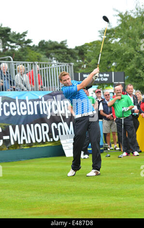 Newport, Wales. July 5th 2014. Geraint Hardy tees off at The Celebrity Cup at the Celtic Manor Resort in Wales. ROBERT TIMONEY/Alamy LiveNews. Stock Photo