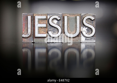 The name JESUS written in vintage lead letterpress type Stock Photo