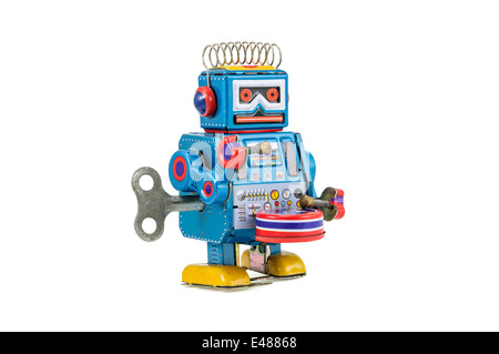 Retro robot toys isolated on white background with clipping path Stock Photo