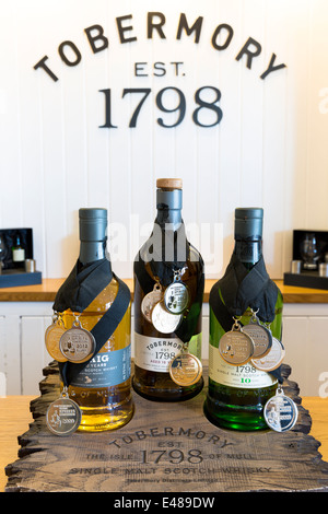 Medal winning Scotch single malt whisky, Ledaig and Tobermory at Tobermory Distillery on Isle of Mull in Highlands of SCOTLAND Stock Photo