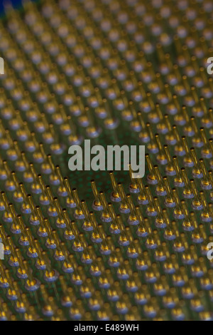 Macro-photo of the gold plated pins of a PC CPU. Focus is on a few pins at the bottom of the 'V' of the green square mid picture Stock Photo