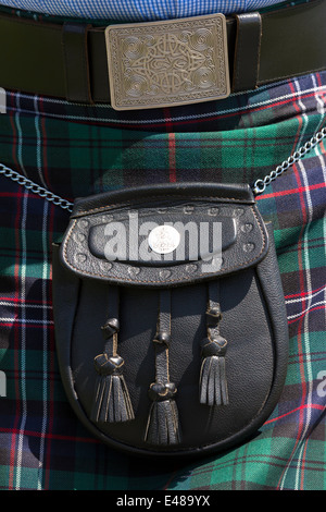 Highland Dress tartan kilt with sporran worn in The Highlands of Scotland before the 2014 Scottish Independence Referendum Stock Photo