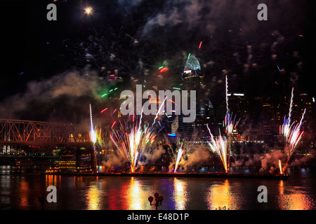 Fireworks From A Barge In The Ohio River At The City Of Cincinnati Ohio During The Labor Day Fireworks Show, 2013, USA Stock Photo