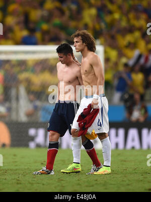 Fortaleza, Brazil. 04th July, 2014. David Luiz of Brazil congratulates the game from James Rodriguez (L) of Colombia after the FIFA World Cup 2014 quarter final match soccer between Brazil and Colombia at the Estadio Castelao in Fortaleza, Brazil, 04 July 2014. Credit:  Action Plus Sports/Alamy Live News Stock Photo