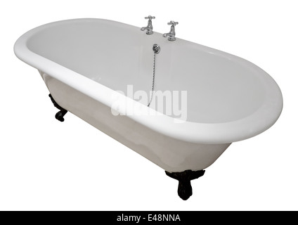 Luxury white flat rim roll top clawfoot bathtub isolated against a white background Stock Photo