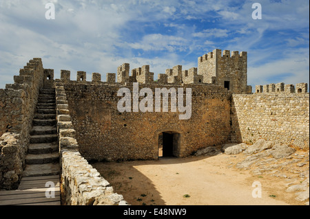 battlements of medieval castle Castelo dos Mouros, Sesimbra, Portugal Stock Photo