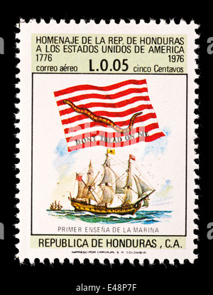 Postage stamp from Honduras depicting the first Navy Jack flag, issued for the Bicentennial of the United States. Stock Photo