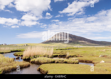 Salt marshes on the Isle of Harris. The mountain behind is known as Ceapabhal. The area is part of the Outer Hebrides, Scotland. Stock Photo