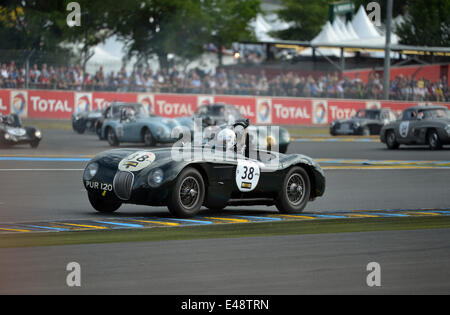 1953 Jaguar C Type at Le Mans, France, 5th June, 2014. Historic racing cars on track at the Le Mans Classic event in France. Credit:  Matthew Richardson/Alamy Live News Stock Photo