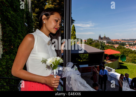 View of Prague Castle from a window, the Petrin restaurant Nebozizek Czech Republic Stock Photo