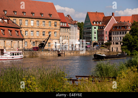 Regnitz river and the former harbour Kranen, historic city center in Bamberg, Upper Franconia, Bavaria, Germany, Europe Stock Photo